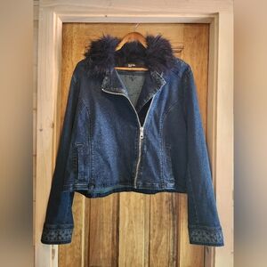 Simply Be Dark Blue Denim Jacket with Faux Fur Trim